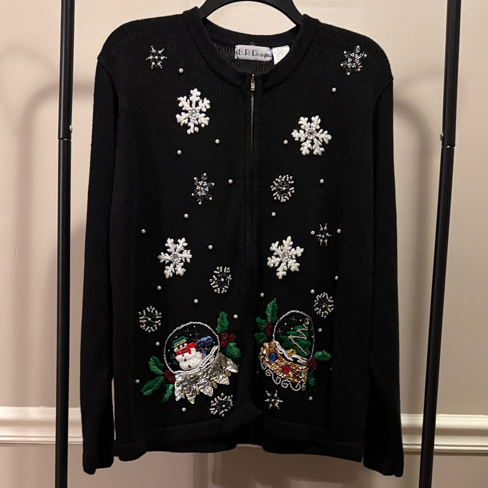 B P Designs vintage Black Embellished Beaded Women's Large Christmas Sweater